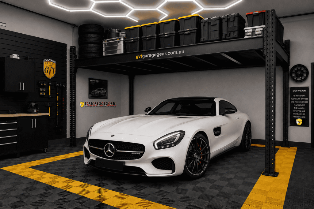 Over-Car Mezzanine Storage Platform - sideways with white AMG GT