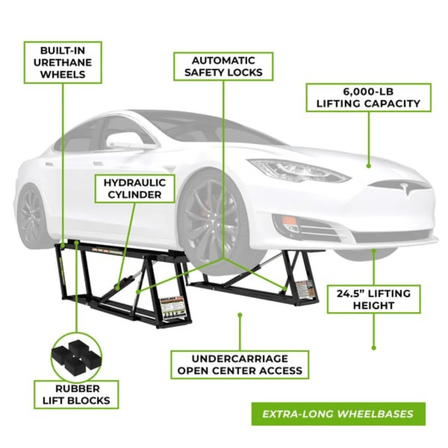 Quickjack-6000elx-portable car lift with-tags-showing-features